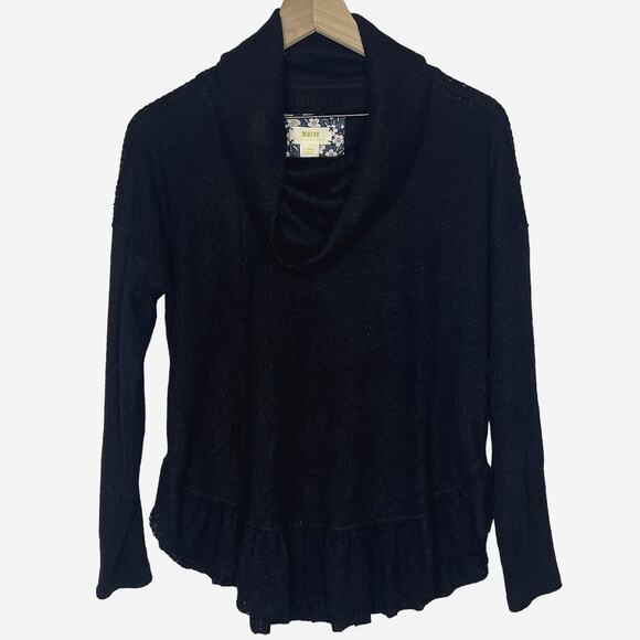 Maeve Anthropologie Addie Ruffled Hacci Sweater Black XS Boho Bohemian Cozy Soft - Picture 3 of 11